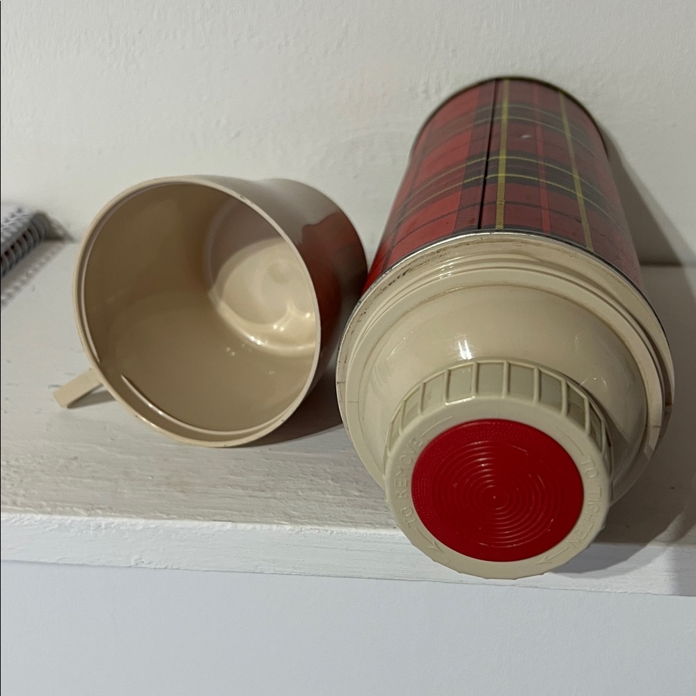 VINTAGE 1970s Thermos Red Plaid Bottle with Beige Lid - Picture 3 of 3